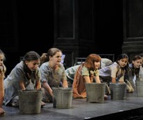 (From left) It’s a hard knock life for little orphans Molly (Marieclaire Popernik), Pepper (Sydney Poss), Duffy (Phoebe Ann Paslaski), Annie (Caroline Heffernan), Kate (Jaclyn Dougherty), Tessie (Emma Gordon) and July (Haley Noll). Photo by Liz Lauren