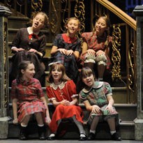 (front row, from left): Emily Leahy is Pepper, Caroline Heffernan is Annie, Peyton Shaffer is Kate, (back, from left) Kayla Rea is Duffy, Amelia Kuhlman is July, and Hannah Whitlock is Tessie
