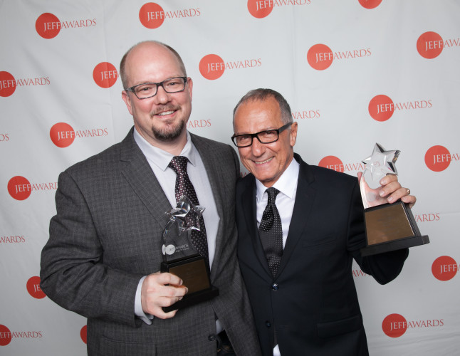 President & CEO Tim Rater and Artistic Director Jim Corti celebrate the wins for Best Musical and Best Director at the Jeff Awards on October 5, 2015