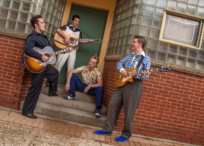 Million Dollar Quartet stars (from left) Bill Scott Sheets as Johnny Cash, Kavan Hashemian as Elvis Presley, Gavin Rohrer as Jerry Lee Lewis and Adam Wesley Brown as Carl Perkins. Credit: Thomas J. King Photography