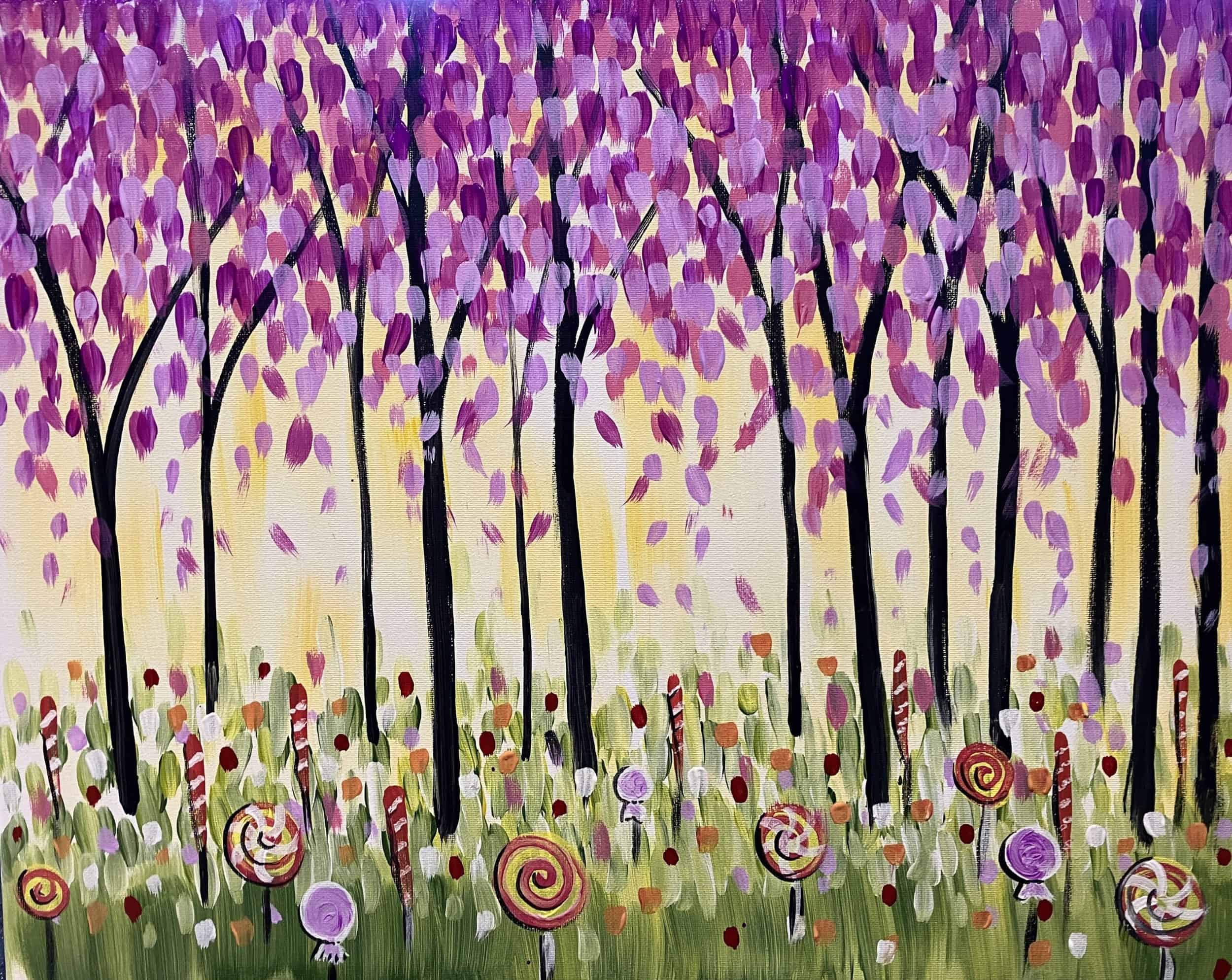 A fun painting experience featuring purple trees and lollipops.